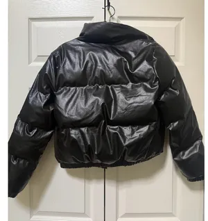 SHEIN Black Faux Leather Cropped Puffer Jacket M thumbnail 8
