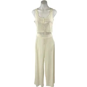 NEW Missguided Cream Crinkle Vest Sleeveless Crop Top Trousers Pajamas Set Sz 8 thumbnail 2