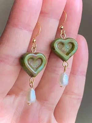 Handmade unique quality Czech glass heart bead fairy boho vintage retro style earrings🌿✨ thumbnail 6