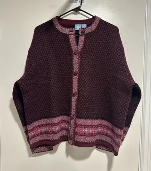 VTG Frost Fair Isle Sz:M geometric knit burgundy/pink Wool Cottagecore cardigan. thumbnail 1