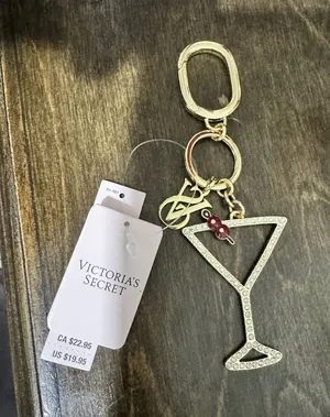 Victoria's Secret Gold Crystal Martini Keychain with Red Charm thumbnail 1