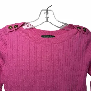 Lauren Ralph Lauren Petite Small Cable Knit Sweater Pink Gold Button Old Money thumbnail 4