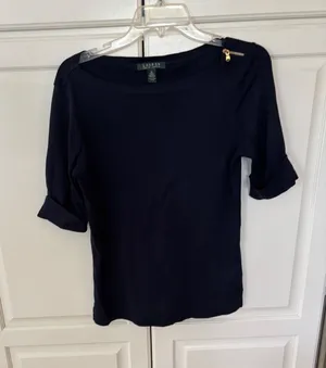 Lauren Ralph Lauren Womens Navy Blue Boatneck Cotton Top‎ Shoulder Zip Size M thumbnail 1