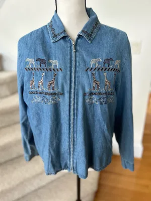 Vintage Embroidered Denim Safari Animal Jacket Leopard Vest Insert thumbnail 1