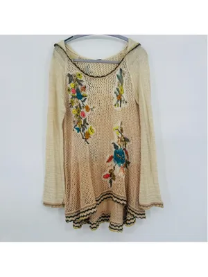 Women's Free People Floral Crochet Hooded Sweater Size S Beige Multicolor thumbnail 3