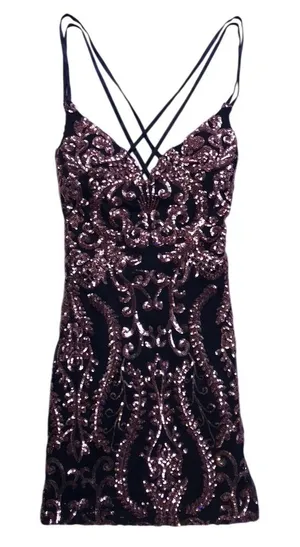 Windsor Mini Dress Womens Size 1 Black Rose Gold Sequin Damask Bodycon Cocktail thumbnail 1