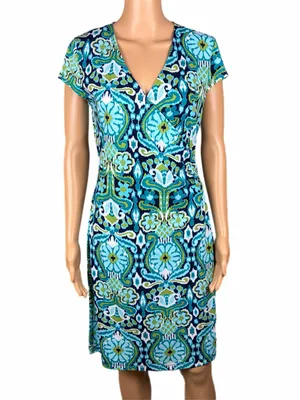 JONES MEW YORK Greens/Black Abstract Floral Faux-Wrap Short Sleeve Dress Small thumbnail 2