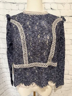 Express Floral Blue lace Long Sleeve blouse shirt top Size Large thumbnail 1
