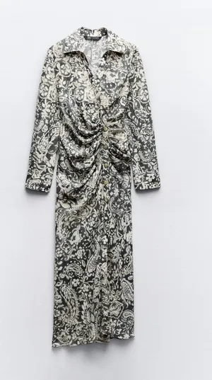 Long Sleeve Ruched Paisley Maxi Dress - Green & White thumbnail 1