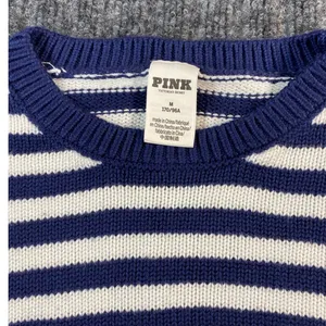 PINK Victoria's Secret Sweater Women M Blue White Striped Cropped Sleeve Detail thumbnail 2