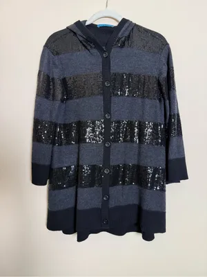 Alice + Olivia Black and Gray 100% Wool Sequin Hooded Button Cardigan Medium thumbnail 1