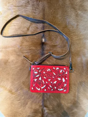 NEW Western Tooled Leather Crossbody Bag - Red & White thumbnail 2