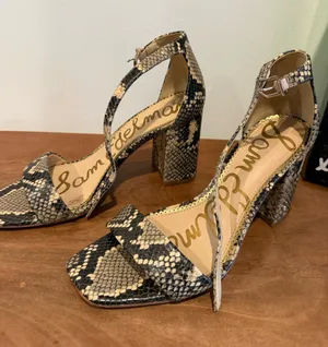 Sam Edelman Snake-Print Ankle-Strap Block Heels in Beige and Black thumbnail 1