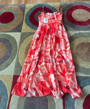 INDIKAH NWT Seona Maxi Dress Orange Watercolor Print Spaghetti Straps Size Small thumbnail 7