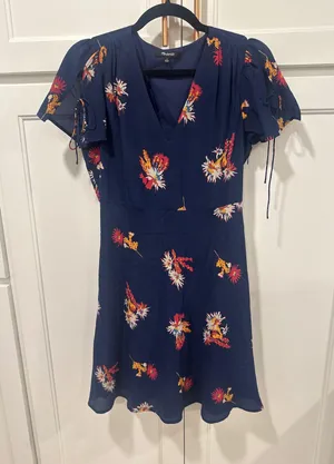 Madewell Women's poppy Print Mini Dress Short Sleeve Navy Blue silk Size 4 thumbnail 1