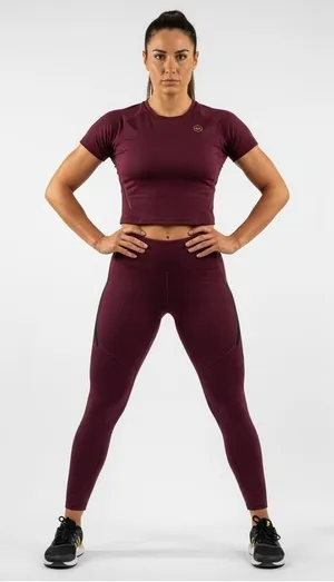 Virus x Onnit Hi-Waist Performance‎ Leggings M Women Maroon Gold Logo Training thumbnail 1