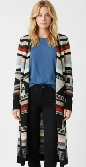 Free People Multi Color Aztec Tribal Print Knit Open Front Duster Sweater M thumbnail 1