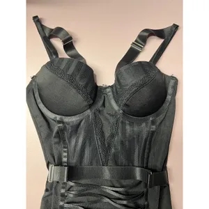 Womens Black Overbust Bustier Top XS Underwired Demi Cups Lace Adjustable Straps thumbnail 2