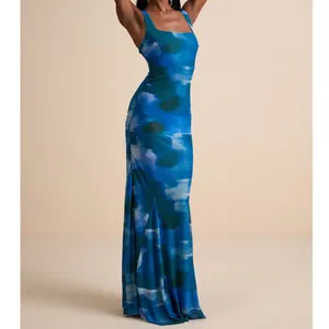 NEW Lulus Zemina Blue Abstract Godet Watercolor Pleated Mermaid Maxi Dress Small thumbnail 4
