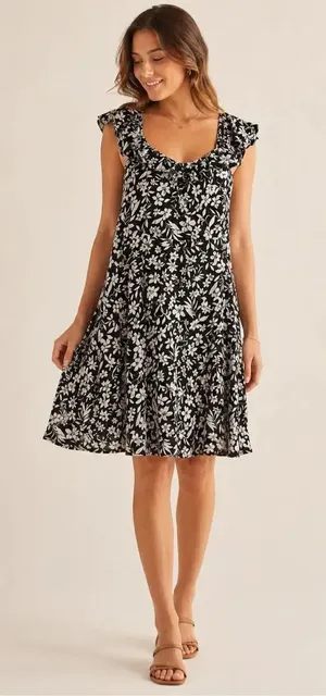 Old navy cami floral black & white flutter sleeve knee length dress large #1100 thumbnail 1