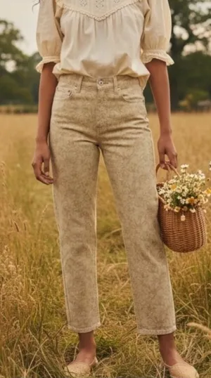 NWT‎ ZARA The Dreed Cropped Printed Flare Jeans Women's Size 4 Tan Cottagecore thumbnail 1