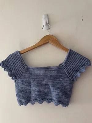 Zara Blue Scalloped Crochet Knit Bow Crop Top thumbnail 4