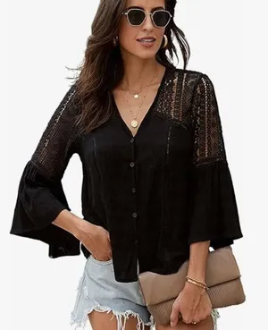Bell Sleeve Blouse Black Crochet Lace Boho Peasant Festival Date Casual Hippie L thumbnail 1