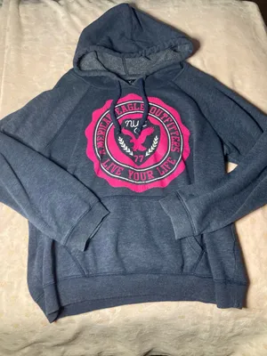 American Eagle Outfitters Navy Pullover Hoodie with Pink Crest thumbnail 1