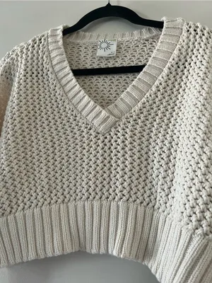 Offline by Aerie Cream Open Knit Cropped V Neck Sweater Small Chunky Coastal thumbnail 3
