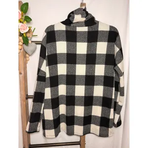 7th Ray Buffalo Plaid Cowl Neck Asymmetrical Button Wrap Sweater Black White L thumbnail 4
