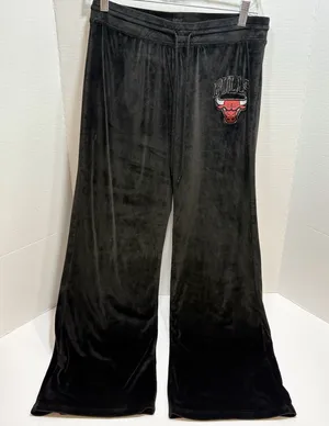 Chicago Bulls Velour Pants Black Stretch Waist Drawstring Flare Womens L thumbnail 1