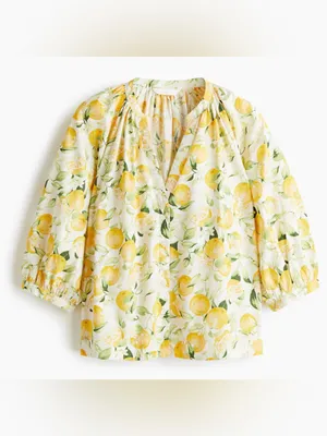 NWOT H&M White Lemon 3/4 Raglan Balloon Sleeved Poplin Cotton Citrus Blouse XS thumbnail 2