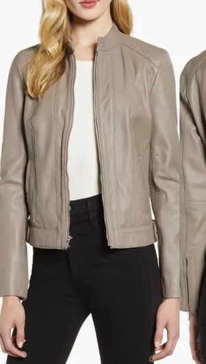 Cole Haan 100% Genuine Lambskin Leather Moto Jacket Lined‎ Biker Taupe Size M thumbnail 1