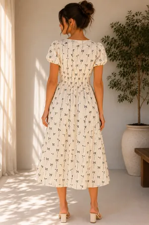 SHEIN Cream Bow Print Puff Sleeve Midi Dress | Cottagecore Coquette Dress | Size Small thumbnail 2