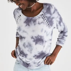 AMERICAN EAGLE Shoulder Stitch Sweater Gray Black ? Tie Dye Boho Crew Neck Boho thumbnail 2