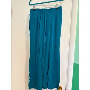 Curations Teal Blue Embroidered Wide Leg Pants Boho Crinkle Viscose Pockets M thumbnail 5