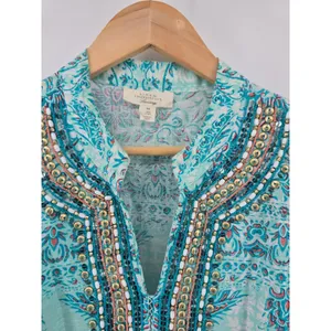 Charter Club Linen Tunic Womens M Luxury Paisley Turquoise‎ Beaded V-Neck EUC thumbnail 2
