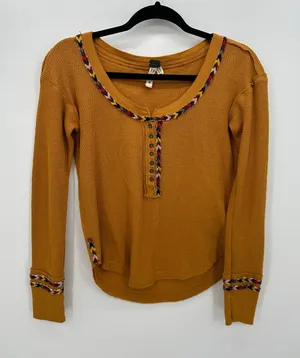 We The Free Womens Yellow‎ Thermal Knit Long Sleeve Shirt Size XS Henley Boho thumbnail 1