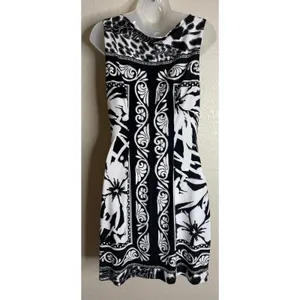Cache Womens 12 Sheath Dress Black White Floral Scroll Sleeveless Boat Neck Chic thumbnail 2