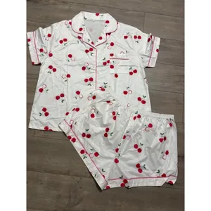 NIB- White Cherry Print Satin Pajama Set Short Sleeve Button Down Shorts XXL thumbnail 2