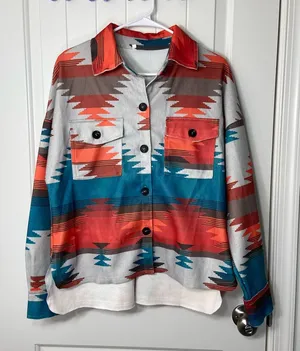 NWOT women’s Aztec tribal blue orange chest pocket button up‎ jacket high low S thumbnail 1