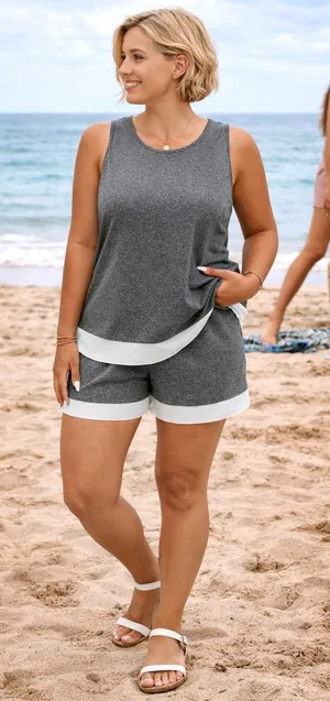 Lune Two Tone Tank Top & Drawstring Waist Shorts - Dark Grey - Size M thumbnail 1