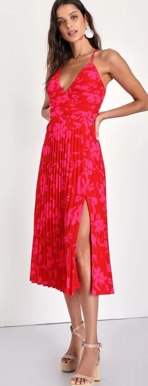 Lulus Vibrant Moment Red and Pink Floral Pleated Lace-Up Midi Dress Size XS NWT thumbnail 1