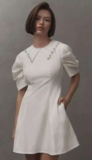 Anthropologie BHLDN Pearl Crystal Collar Puff Sleeve Ivory Mini Dress M‎ thumbnail 1