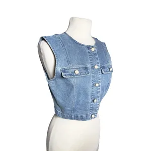 HOUSE OF HARLOW Women’s Cropped Denim Vest Faux Pearl Button Front thumbnail 2