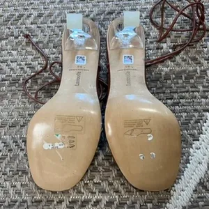 Larroudé Gloria Sandal In Caramel Leather and Vinyl Sz 8.5 thumbnail 6