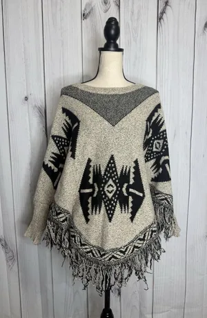 Earthbound Trading Poncho Sweater Fringe Aztec Black Tan Sz XL thumbnail 1