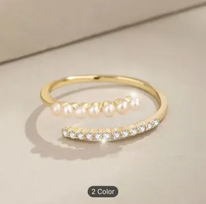 Vintage & Vacation Style Adjustable Copper Ring With Zirconia Inlay & Pearl Ring thumbnail 4