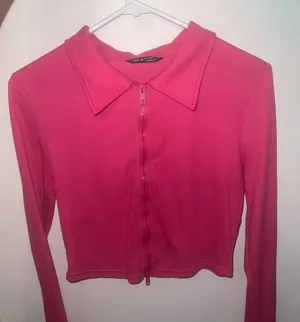 Long Sleeve Zip Up Crop Top Pink Size L thumbnail 1