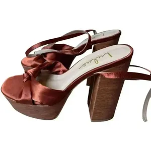 Lulu’s Lucianto Copper Satin Ankle Strap Wooden Platform Sandals SZ 6 thumbnail 2